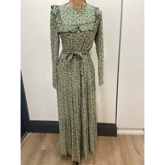 rabia şamli Dresses & Skirts - Green Floral Ruffle Maxi Dress Size 8 Long Sleeve Cottage Tradwife Fairy